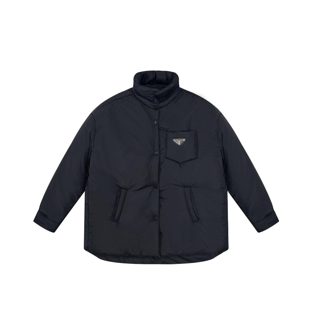 PRADA ダウンジャケット ミニサイズ トリコロールロゴ パッチ付き ブラック ホワイト レザートリム