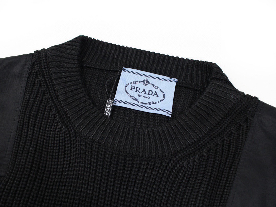 PRADA セーター ブランドロゴパッチ付き フレア袖 ミニポケット付き ブラック レザー調素材混 - 画像 5