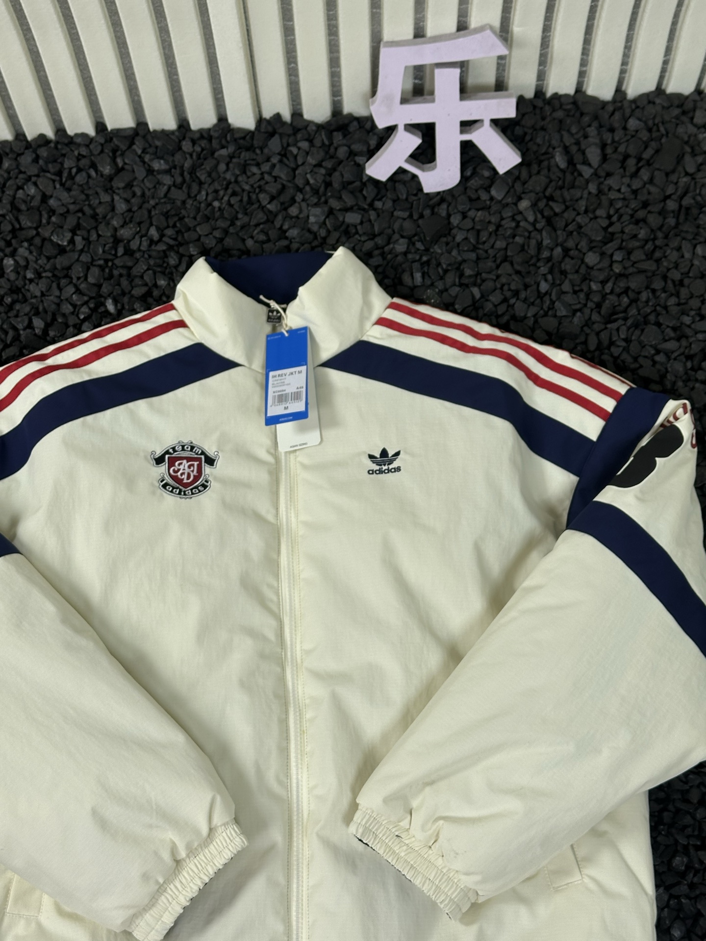 adidas ナイロンジャケット 2WAY チームロゴ 3ストライプス ホワイト ネイビー - 画像 3