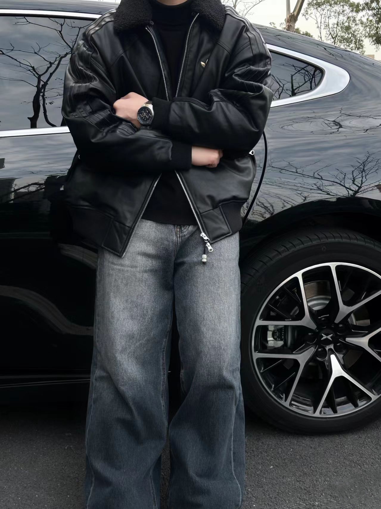 ADIDAS ジャケット ブーメラン オーバーサイズ ファーライニング ブラックレザー 2WAY収納 通勤カジュアル - 画像 4