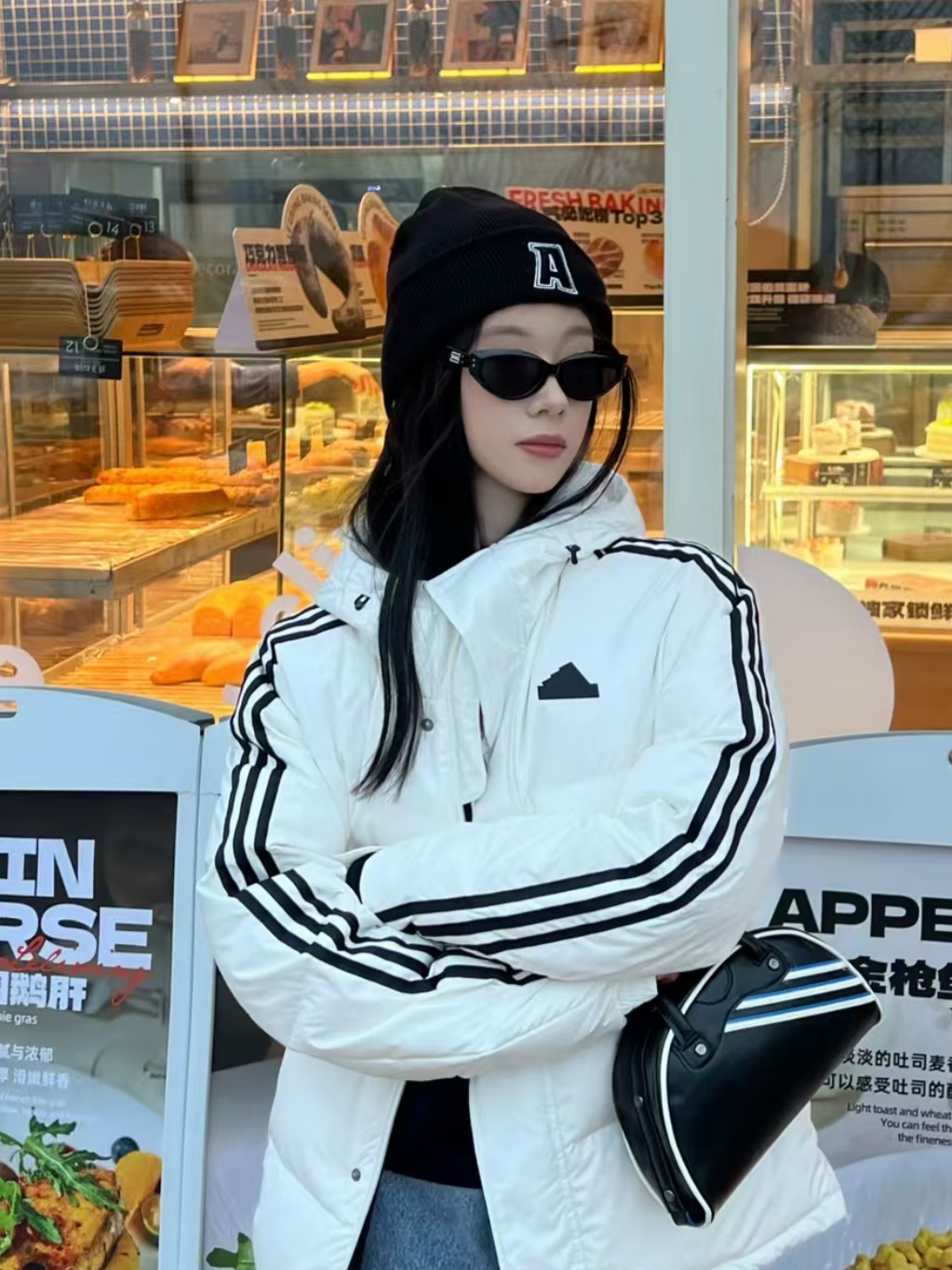 ADIDAS ダウンジャケット 3ストライプス フード付き 通勤カジュアル ホワイト/ブラック/グレー ナイロン