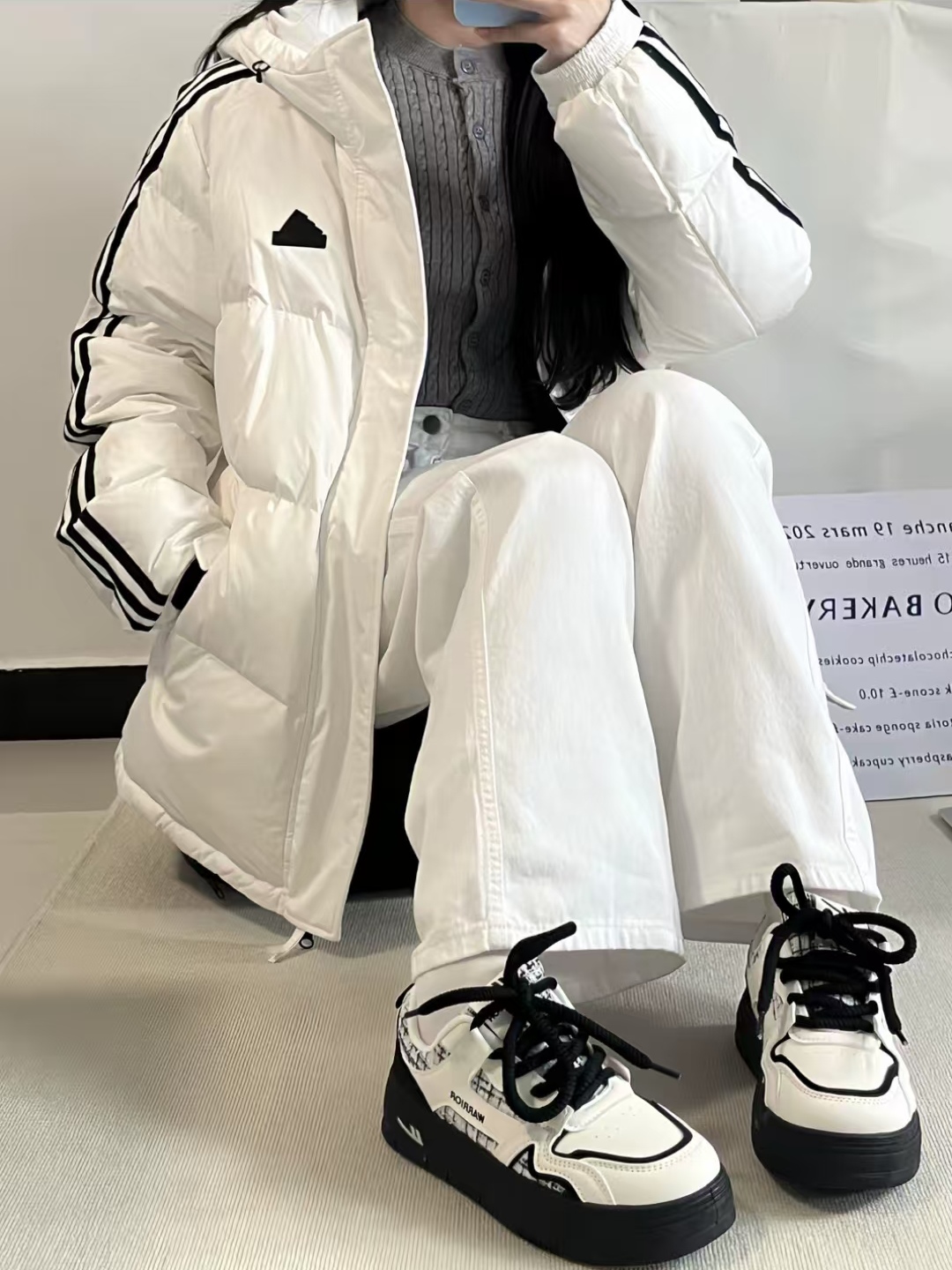 ADIDAS ダウンジャケット 3ストライプス フード付き 通勤カジュアル ホワイト/ブラック/グレー ナイロン - 画像 3