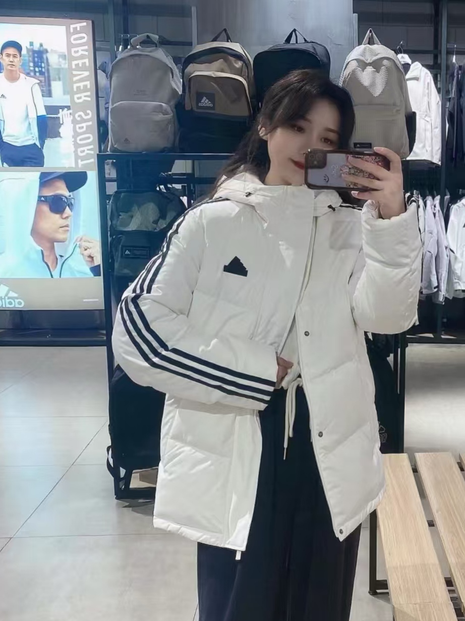 ADIDAS ダウンジャケット 3ストライプス フード付き 通勤カジュアル ホワイト/ブラック/グレー ナイロン - 画像 4