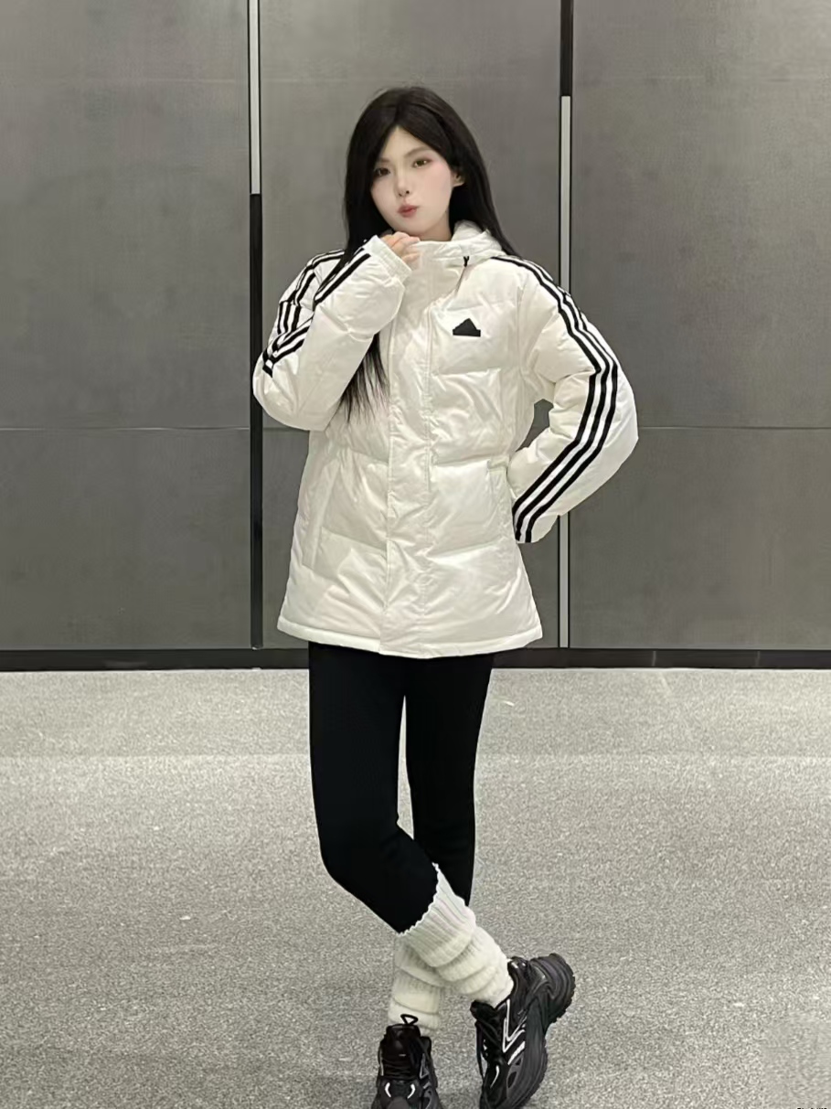 ADIDAS ダウンジャケット 3ストライプス フード付き 通勤カジュアル ホワイト/ブラック/グレー ナイロン - 画像 5