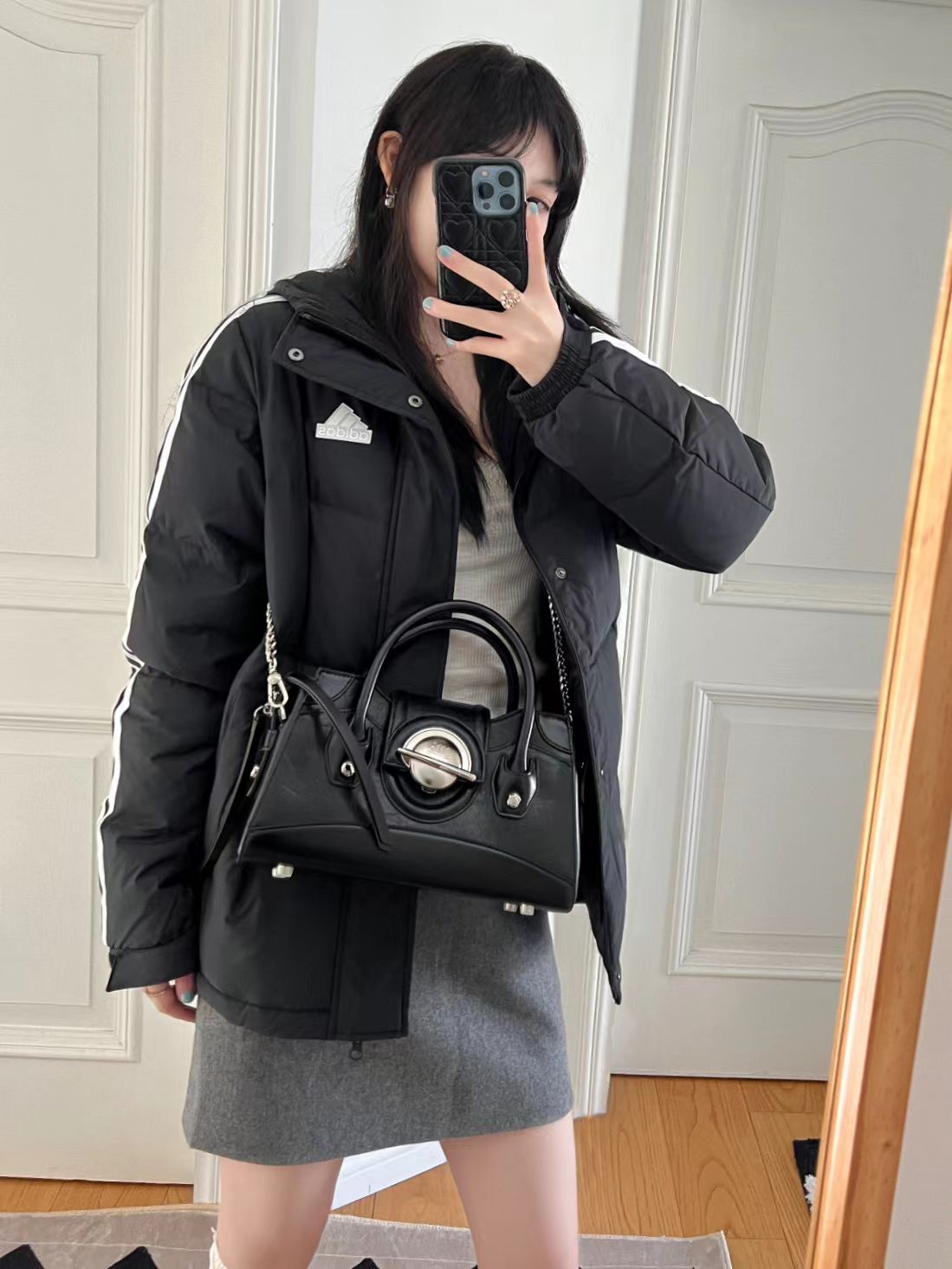 ADIDAS ダウンジャケット 3ストライプス フード付き 通勤カジュアル ホワイト/ブラック/グレー ナイロン - 画像 7