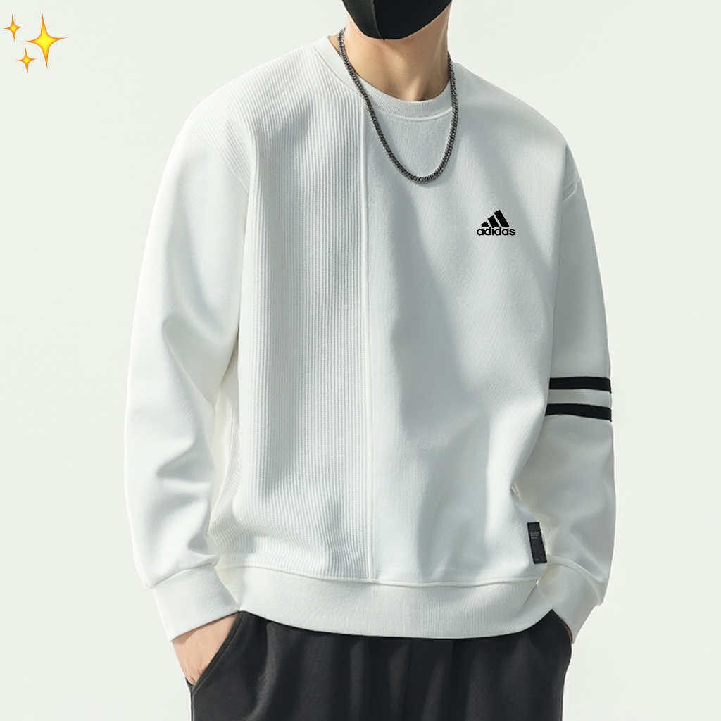 adidas スウェットシャツ ブロックデザイン 3ストライプス 通勤カジュアル 全4色展開 コットン混 - 画像 4