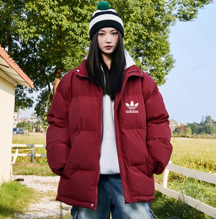 adidas ダウンジャケット ミニサイズ 2WAY ロゴ入り 通勤カジュアル ブラック/ホワイト/レッド レザー調 - 画像 3