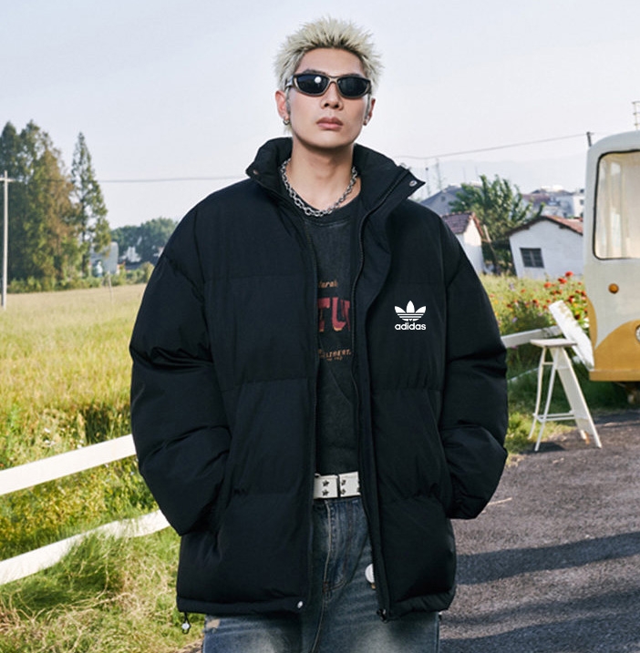 adidas ダウンジャケット ミニサイズ 2WAY ロゴ入り 通勤カジュアル ブラック/ホワイト/レッド レザー調 - 画像 6