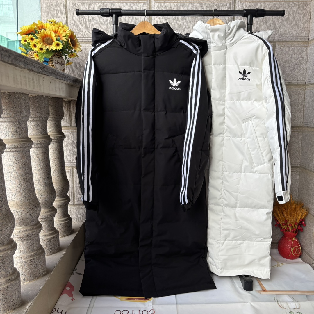 adidas ダウンコート ロング レディース メンズ 3ストライプス 保温 防寒 ブラック ホワイト - 画像 2