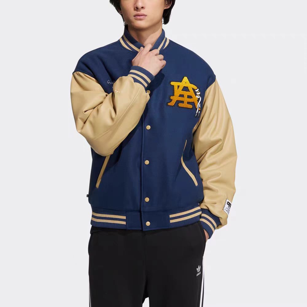 ADIDAS ジャケット ベースボールジャケット レザーパッチ 2WAY デザイン ブルー/グリーン レザー×キャンバス - 画像 8