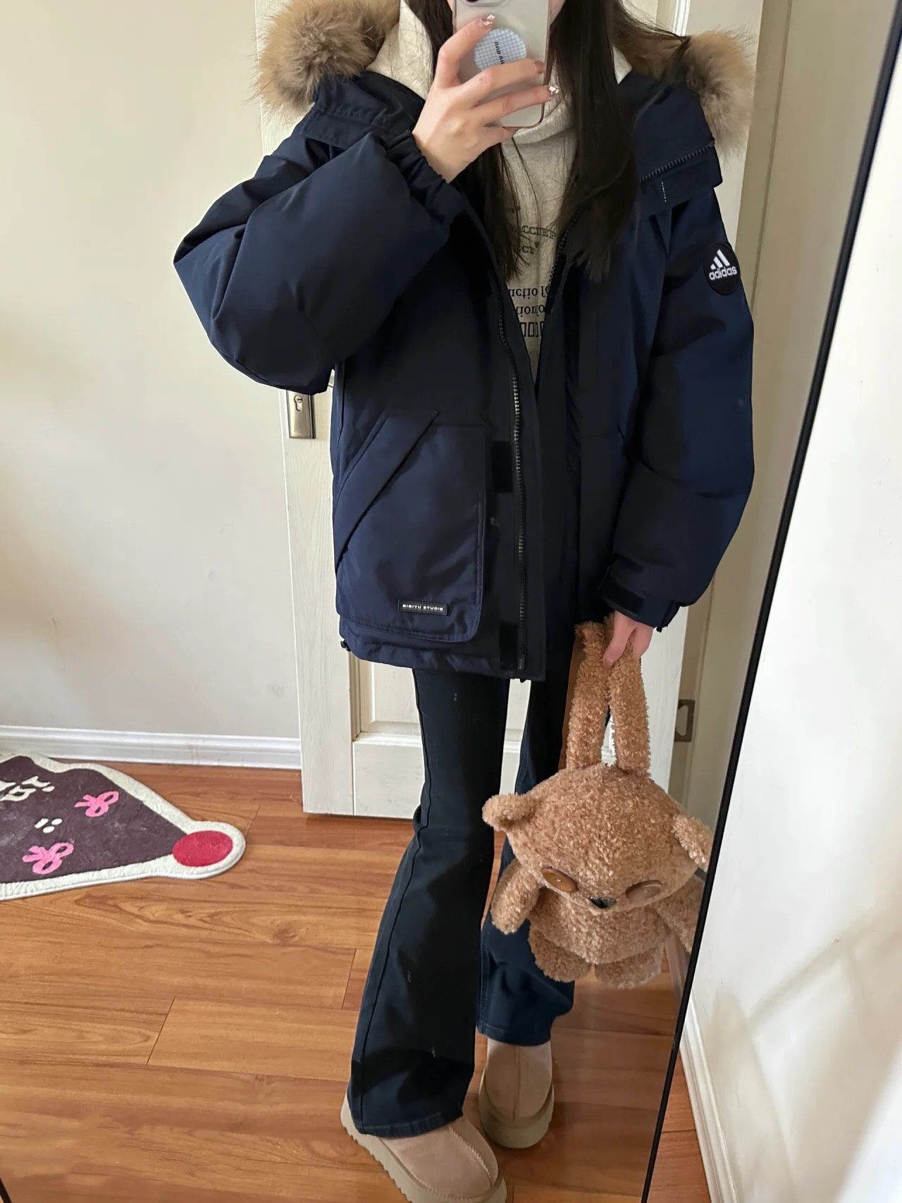 adidas ダウンジャケット ファーリング フード付き ミニサイズ 防寒対応 ネイビー レザー風素材 - 画像 6
