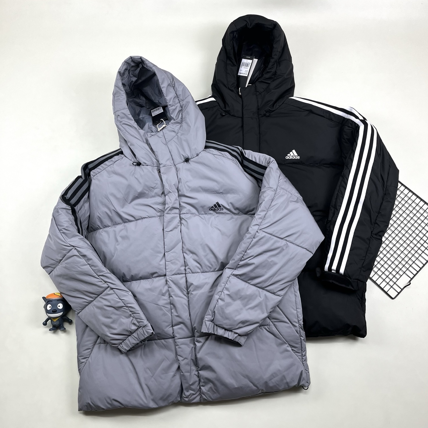 adidas ダウンジャケット 3ストライプス パフアウター 通勤カジュアル ブラック グレー マルチカラー - 画像 9