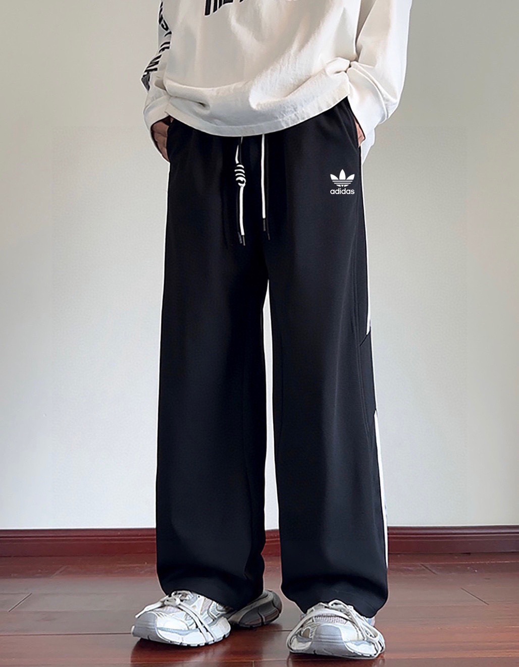 adidas パンツ ワイド ロゴ 3本線 カジュアル 通勤 ブラック ホワイト キャンバス