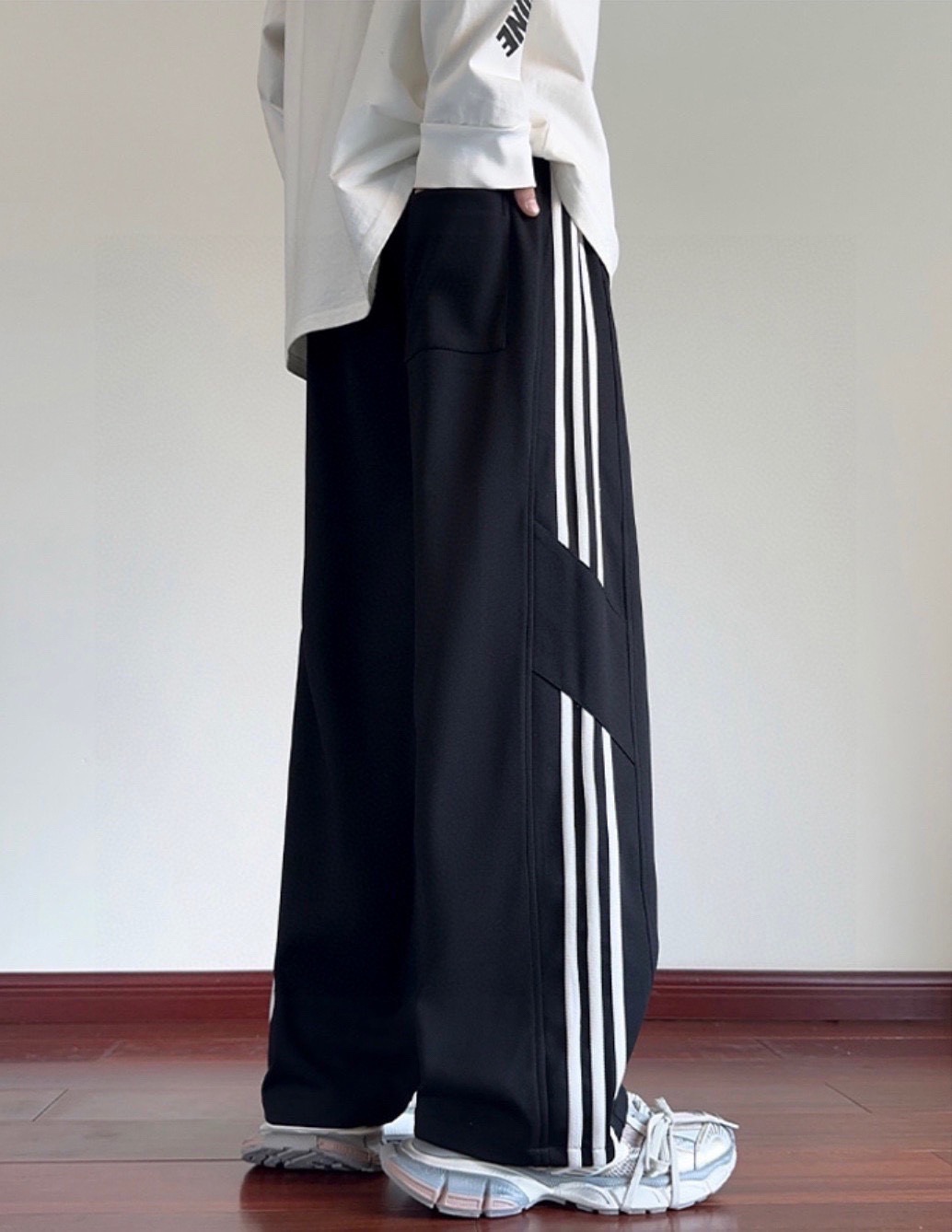 adidas パンツ ワイド ロゴ 3本線 カジュアル 通勤 ブラック ホワイト キャンバス - 画像 3