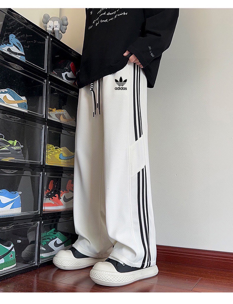 adidas パンツ ワイド ロゴ 3本線 カジュアル 通勤 ブラック ホワイト キャンバス - 画像 4