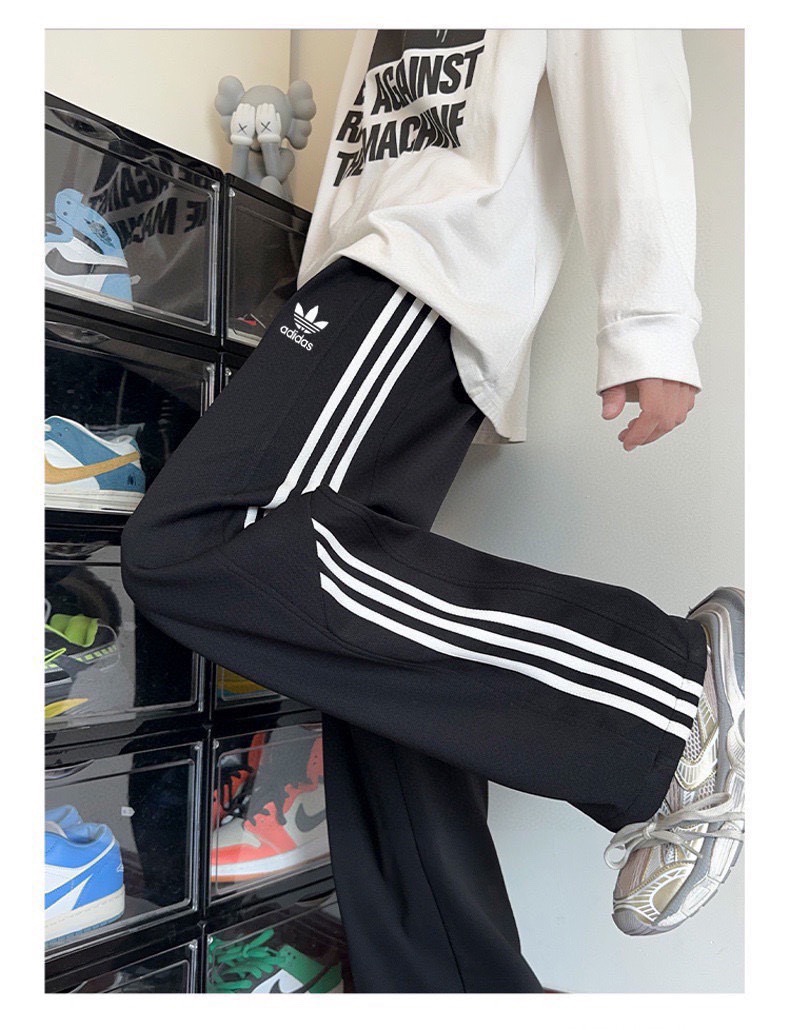 adidas パンツ ワイド ロゴ 3本線 カジュアル 通勤 ブラック ホワイト キャンバス - 画像 5