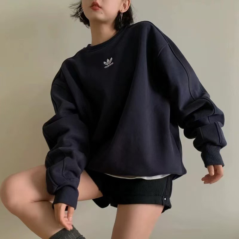 adidas スウェットシャツ ロゴ入り オーバーサイズ カジュアル デイリーユース ブラック ホワイト レザー調 - 画像 8