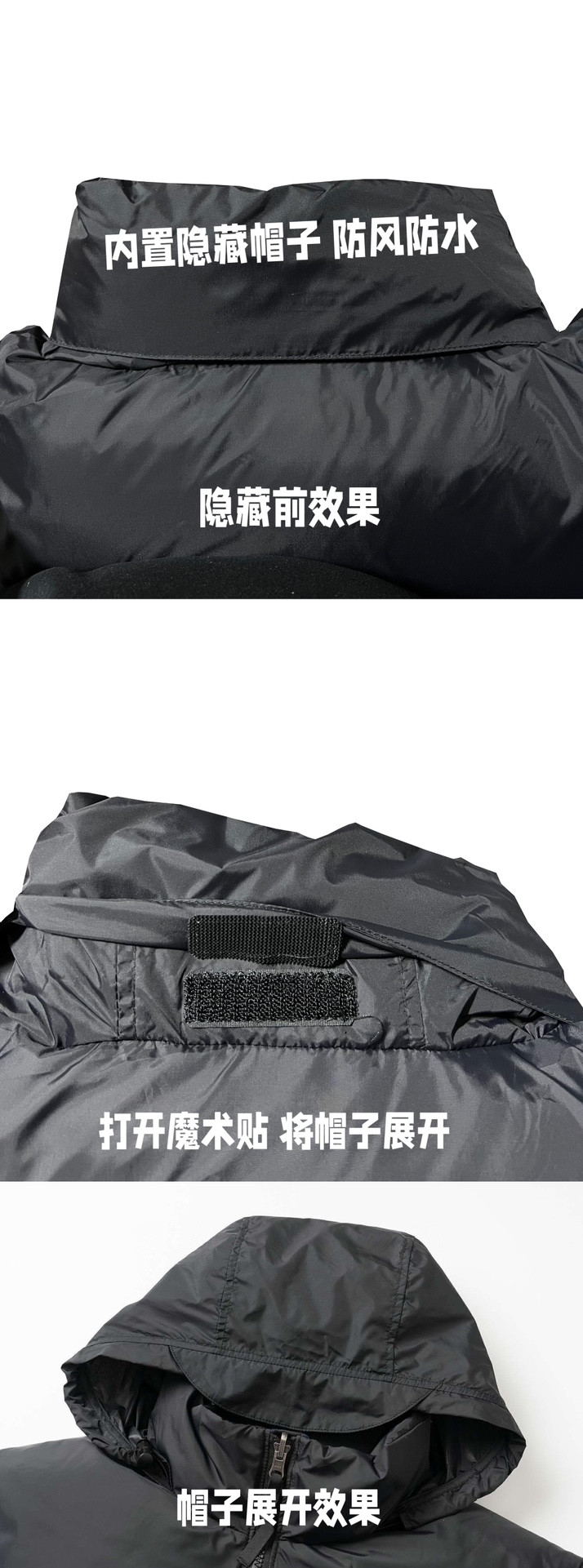 adidas ダウンジャケット パuffer フード付き 防風防水 YKKファスナー ブラック - 画像 7