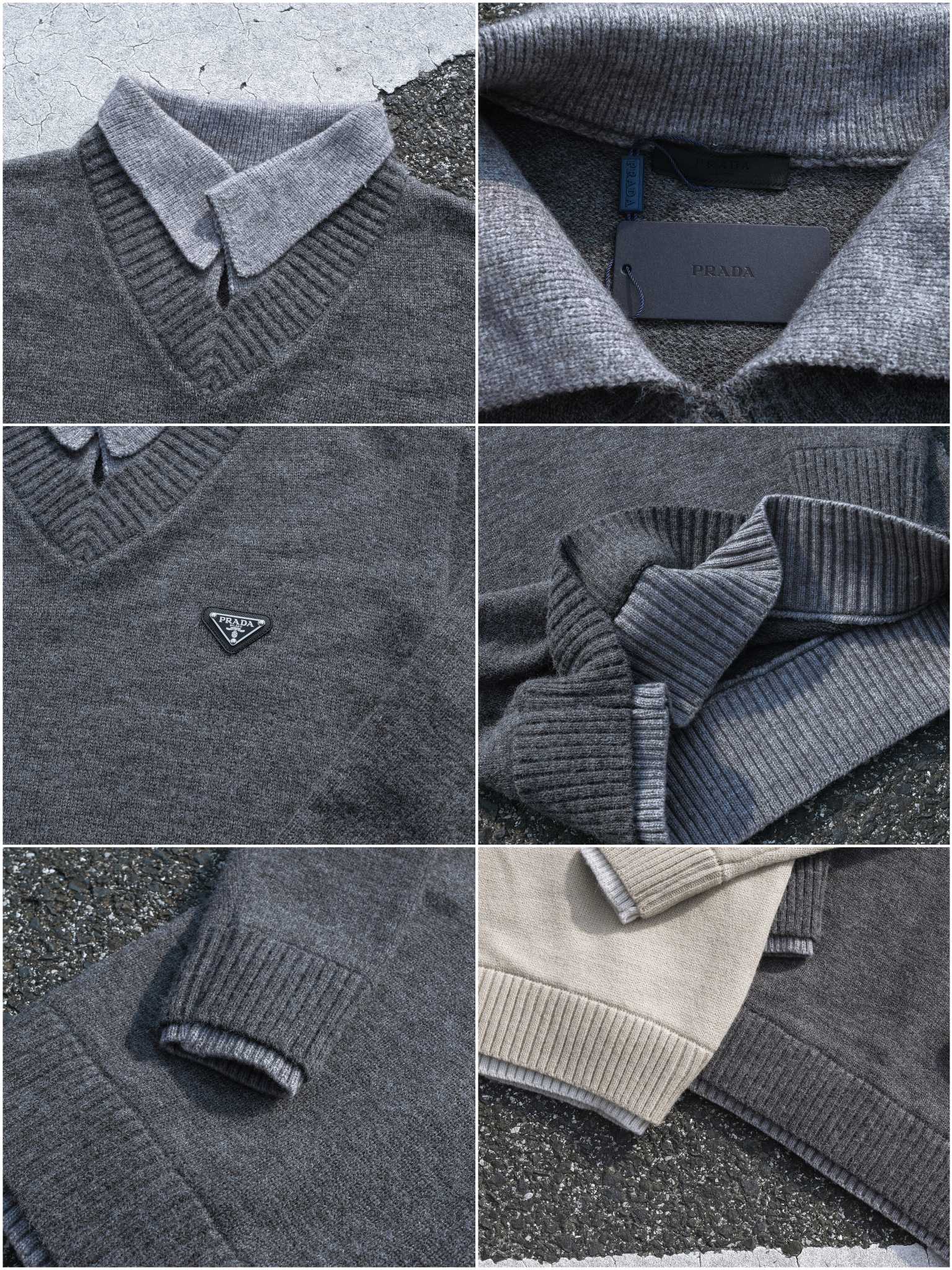 PRADA セーター ポロネック デザイン オーバーサイズ カジュアル ベージュ/グレー レザートリム - 画像 9