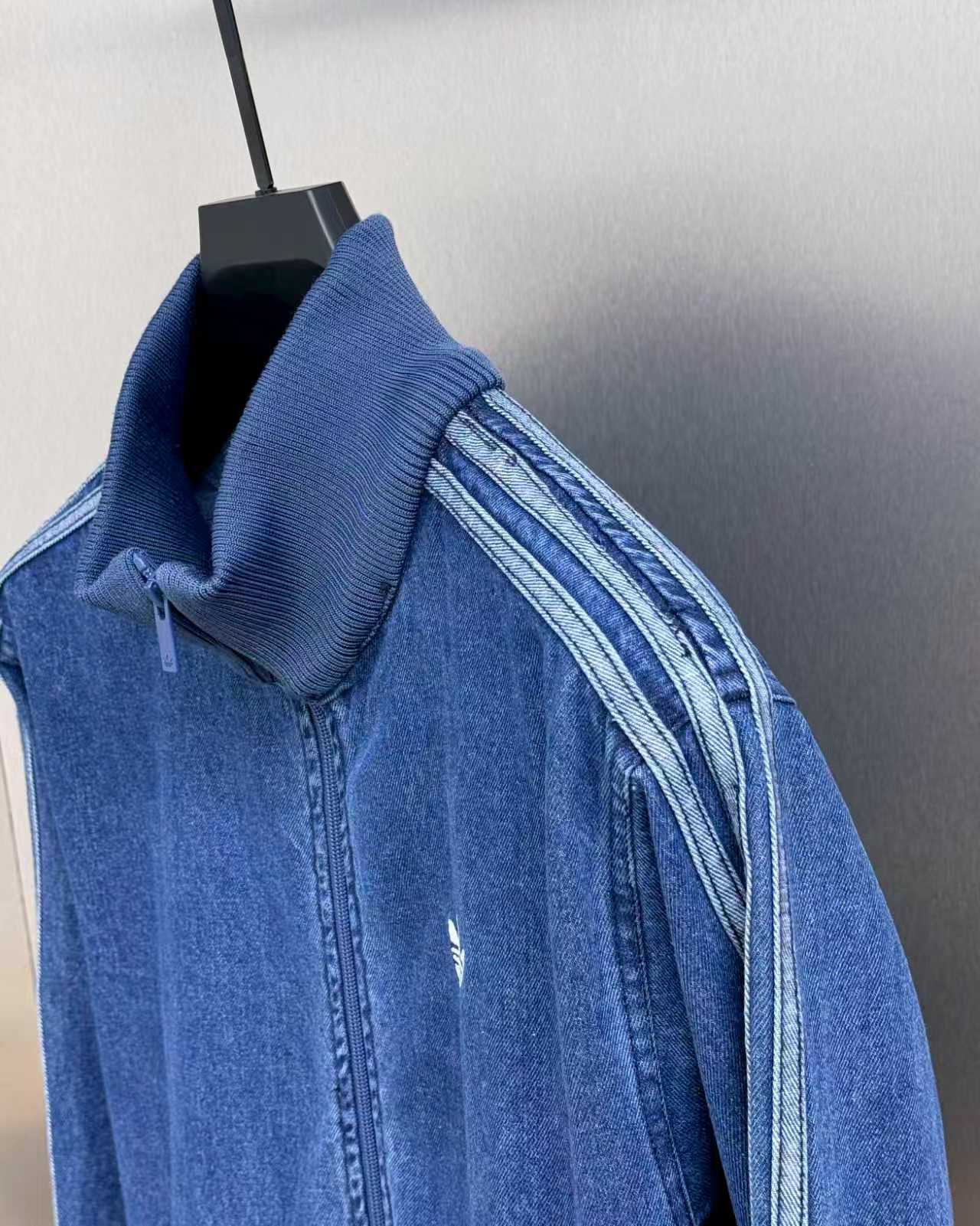 adidas ジャケット デニム素材 3本線デザイン 通勤カジュアル ブルー - 画像 7