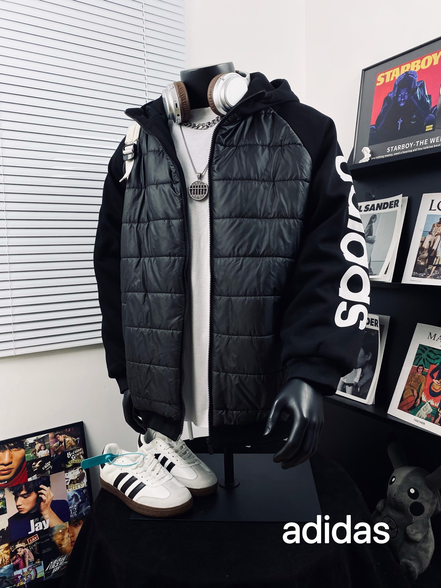 adidas ダウンベスト パーカー 2WAY フード付き ブラック/ブラック - 画像 5