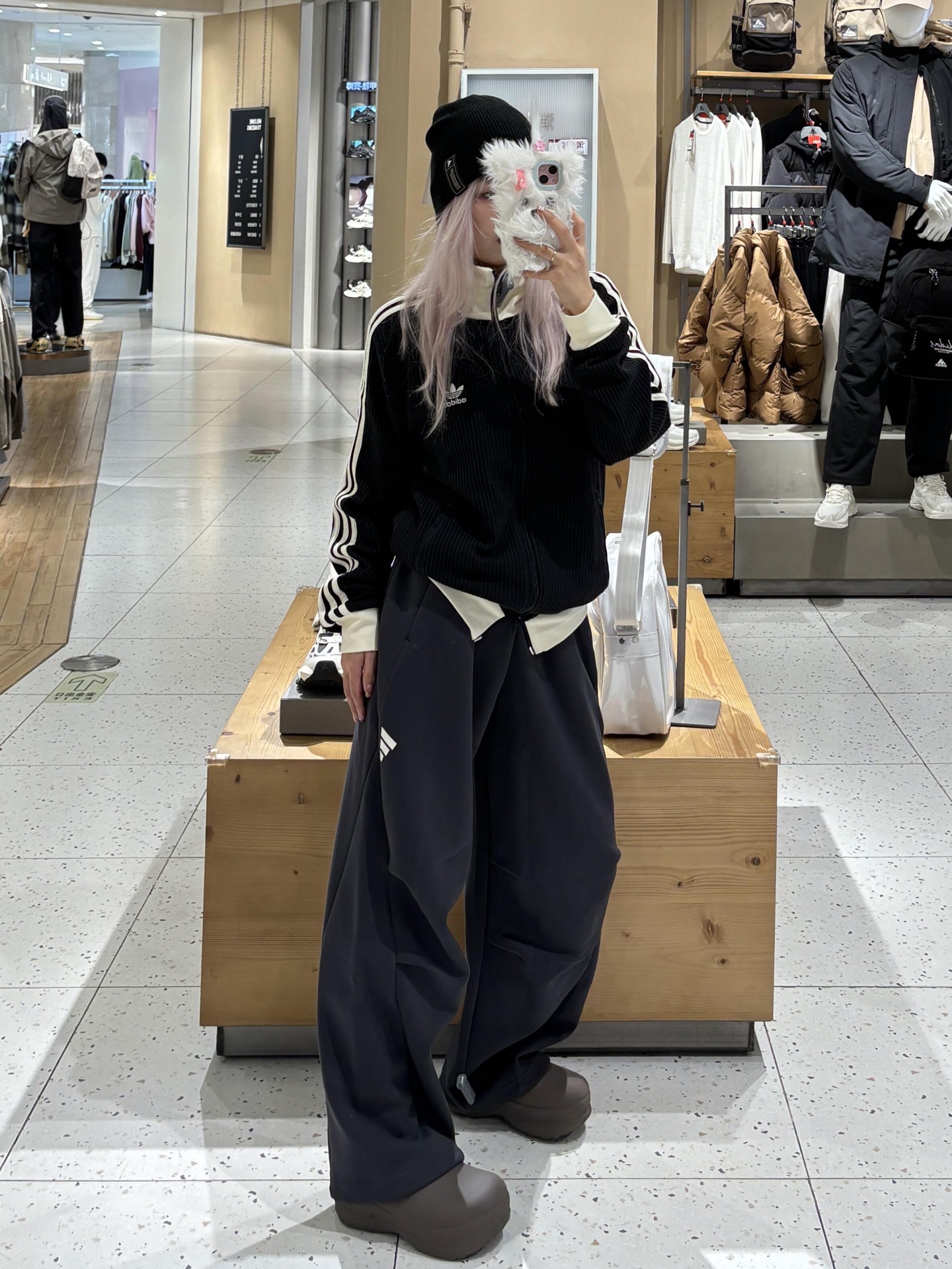 ADIDAS トレーナーパンツ ワイドルーズ ファッションカジュアル ミニロゴ ブラック ダークグレー カンバス - 画像 2