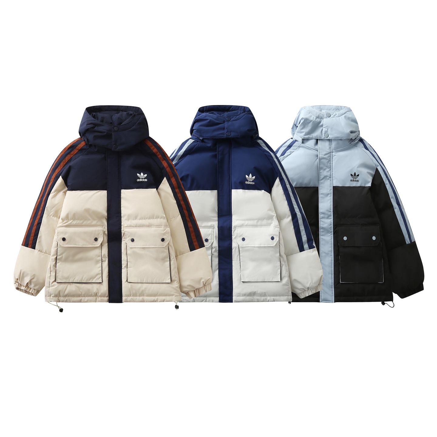 adidas パufferジャケット カジュアル 2WAY マルチカラー 3ストライプス レザー調素材