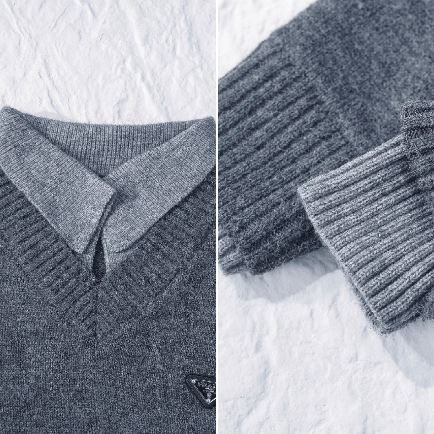 PRADA ニット セーター ポロネック ミニロゴ刺繍 上質デザイン ブラック/グレー/ベージュ レザー調タグ付き - 画像 9