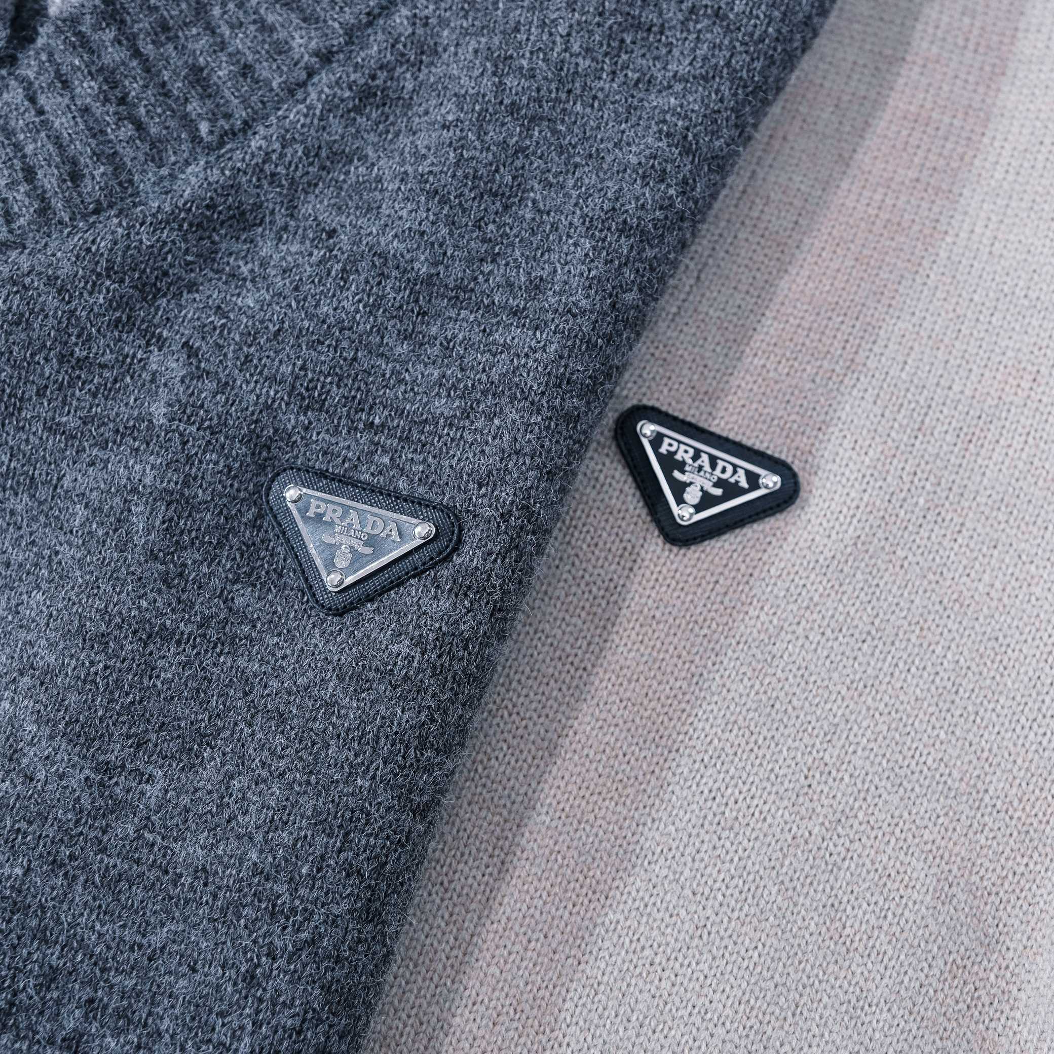 PRADA ニット ジャケット ロゴパッチ付 ポロカラー メンズ ブラック/グレー/ベージュ レザー付き - 画像 3