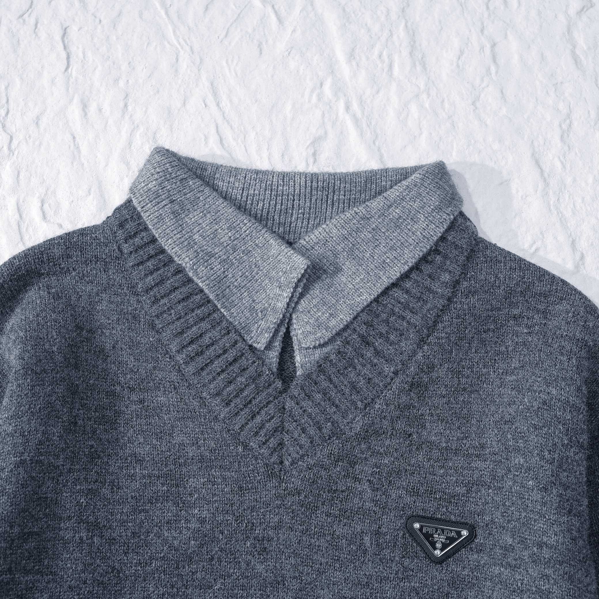 PRADA ニット ジャケット ロゴパッチ付 ポロカラー メンズ ブラック/グレー/ベージュ レザー付き - 画像 6