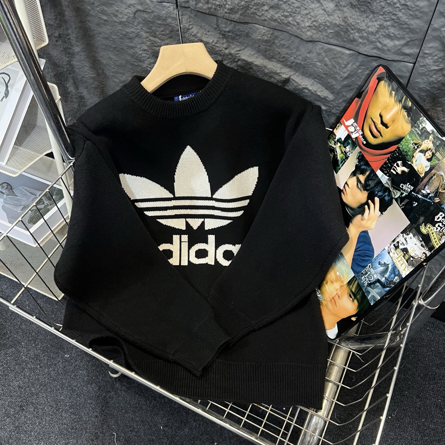 adidas セーター ロゴ編み込み ブラック 100%コットン 通勤カジュアル - 画像 4