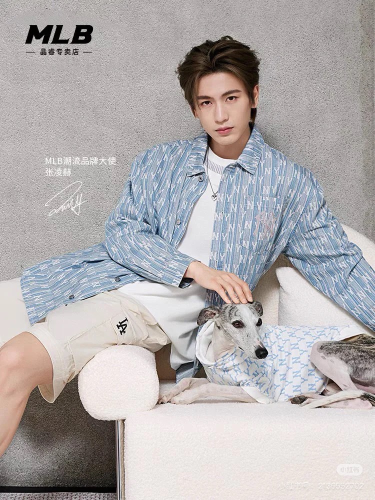 MLB メンズシャツ ロゴプリント オーバーサイズ 2WAYカジュアル ブルー｜ホワイト レーヨン混