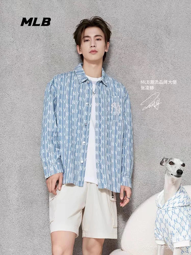 MLB メンズシャツ ロゴプリント オーバーサイズ 2WAYカジュアル ブルー｜ホワイト レーヨン混 - 画像 5