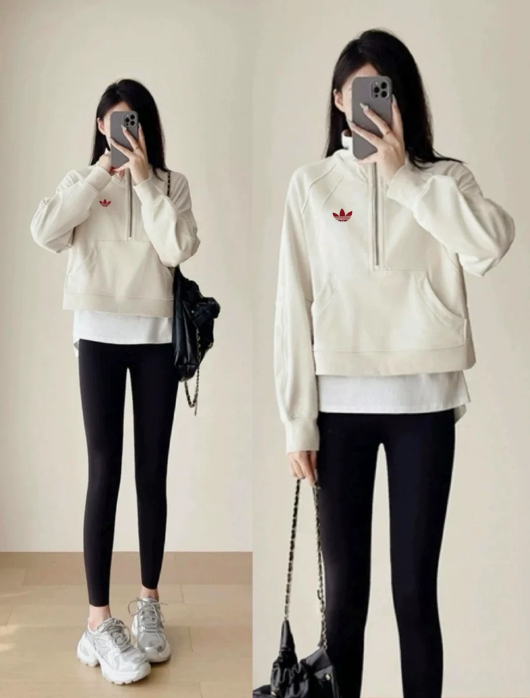 adidas トレフォイル パーカー 半ジップ フード付き カジュアル ロゴプリント ホワイト ファンシーな素材感 - 画像 6