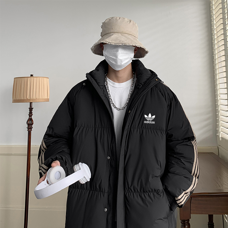 adidas ダウンジャケット パフアウター 3ストライプ フード付き 軽量保温 ブラック ホワイト レッド マルチカラー