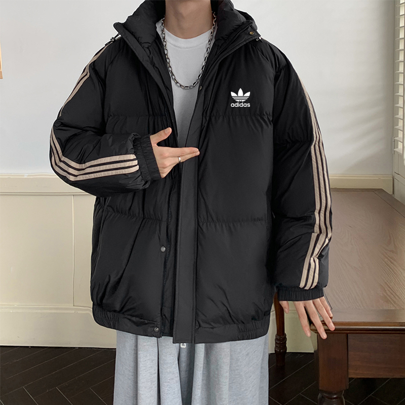 adidas ダウンジャケット パフアウター 3ストライプ フード付き 軽量保温 ブラック ホワイト レッド マルチカラー - 画像 2