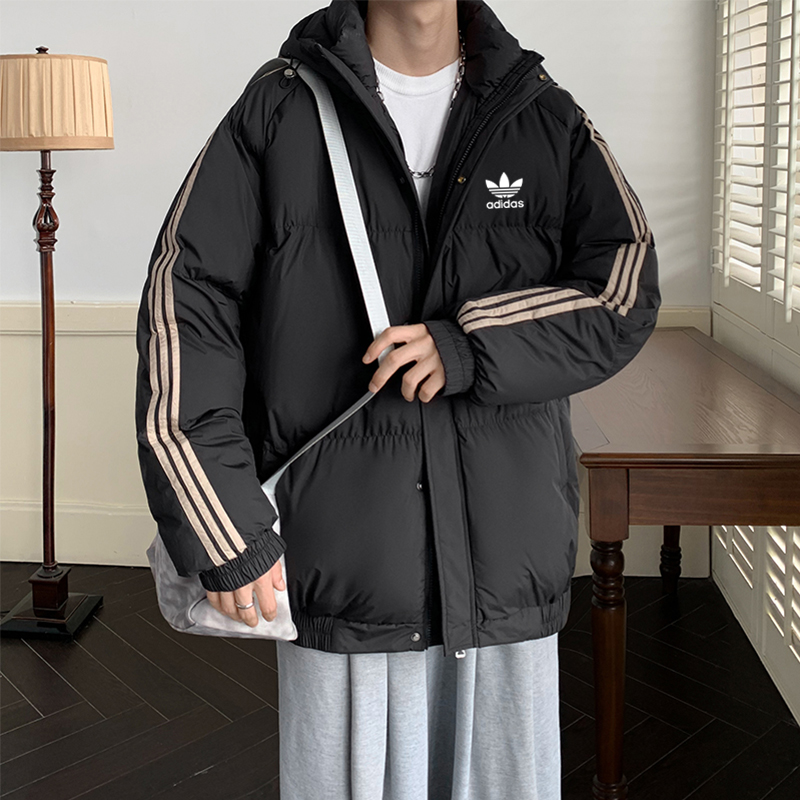 adidas ダウンジャケット パフアウター 3ストライプ フード付き 軽量保温 ブラック ホワイト レッド マルチカラー - 画像 3