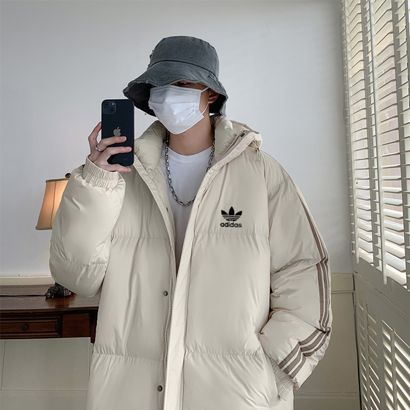 adidas ダウンジャケット パフアウター 3ストライプ フード付き 軽量保温 ブラック ホワイト レッド マルチカラー - 画像 4