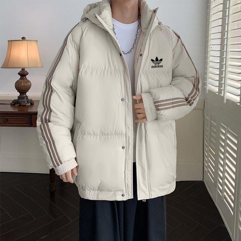 adidas ダウンジャケット パフアウター 3ストライプ フード付き 軽量保温 ブラック ホワイト レッド マルチカラー - 画像 6