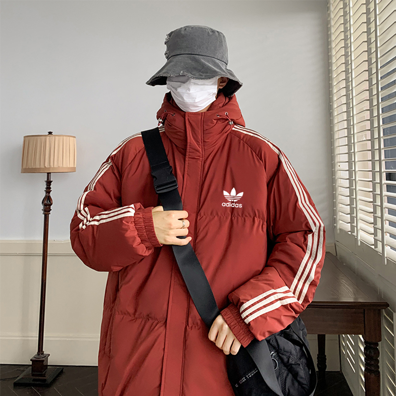 adidas ダウンジャケット パフアウター 3ストライプ フード付き 軽量保温 ブラック ホワイト レッド マルチカラー - 画像 7