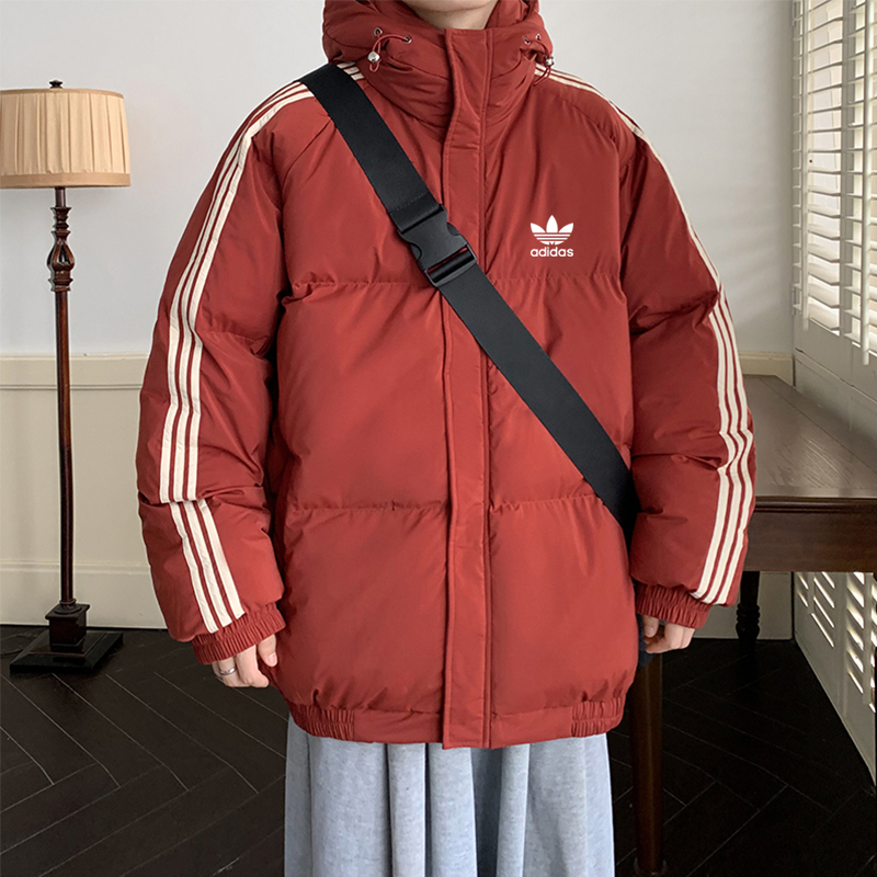 adidas ダウンジャケット パフアウター 3ストライプ フード付き 軽量保温 ブラック ホワイト レッド マルチカラー - 画像 8