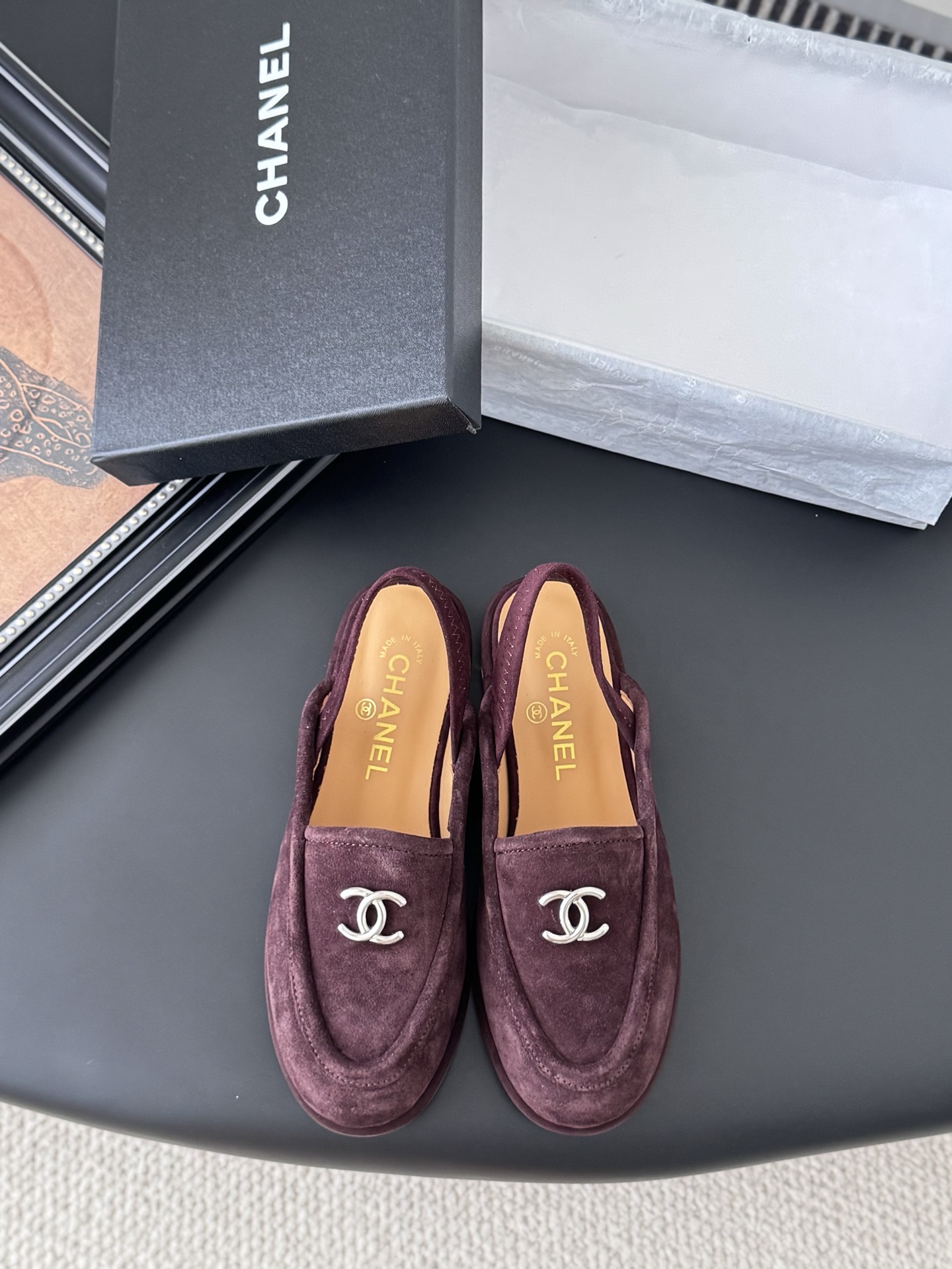 シャネル シャネル ローファー レディース メンズ 兼用 ファッション パンプス スラッシャー モノグラム ベルベット マーブル ブラウン 38 39 40 41 42 43