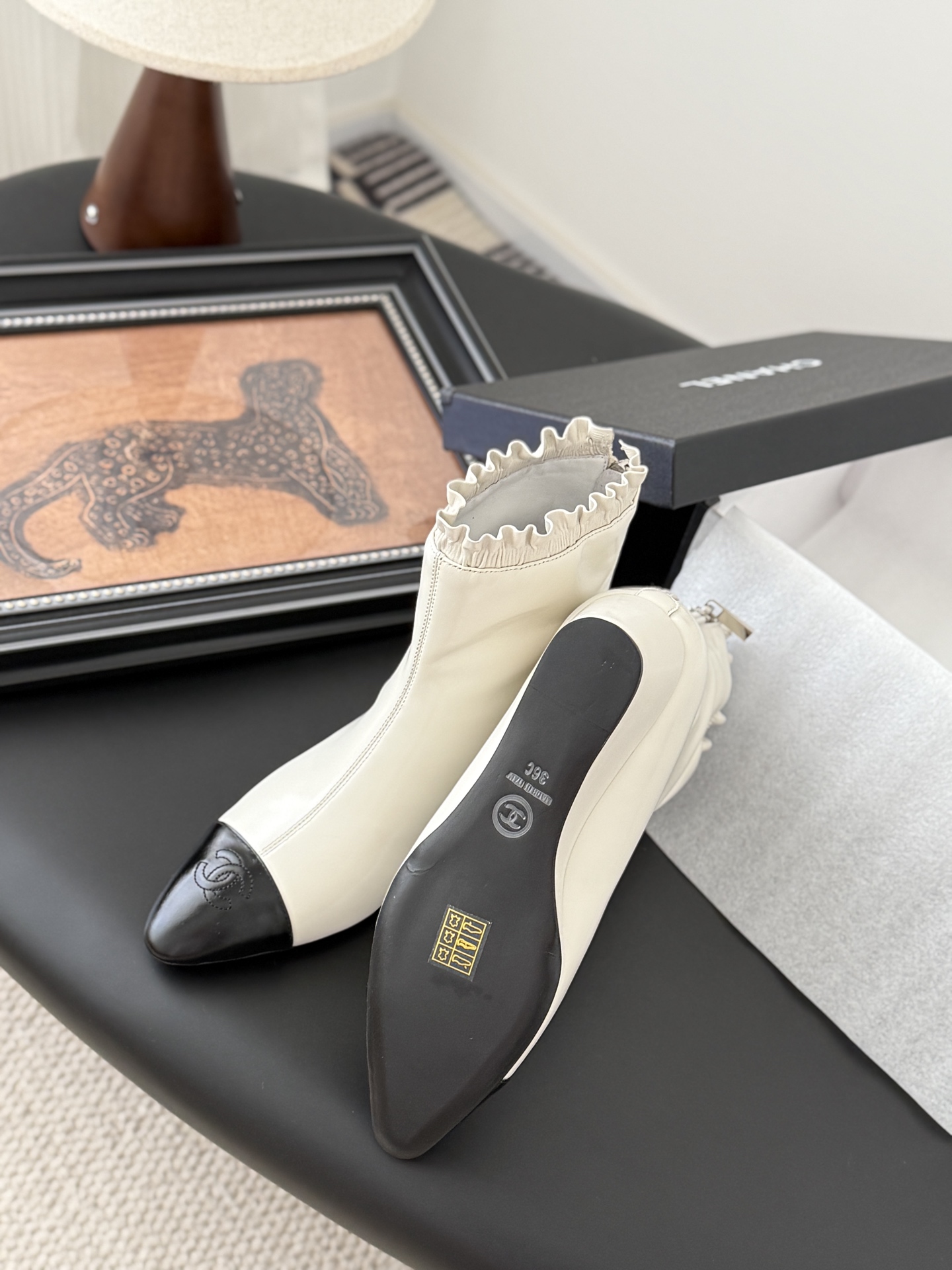 シャネル シャネル レディース メンズ 兼用 キャップトゥ ウェッジブーツ 通勤 通学 ベージュ ブラック 2WAY 8029607108 - 画像 5