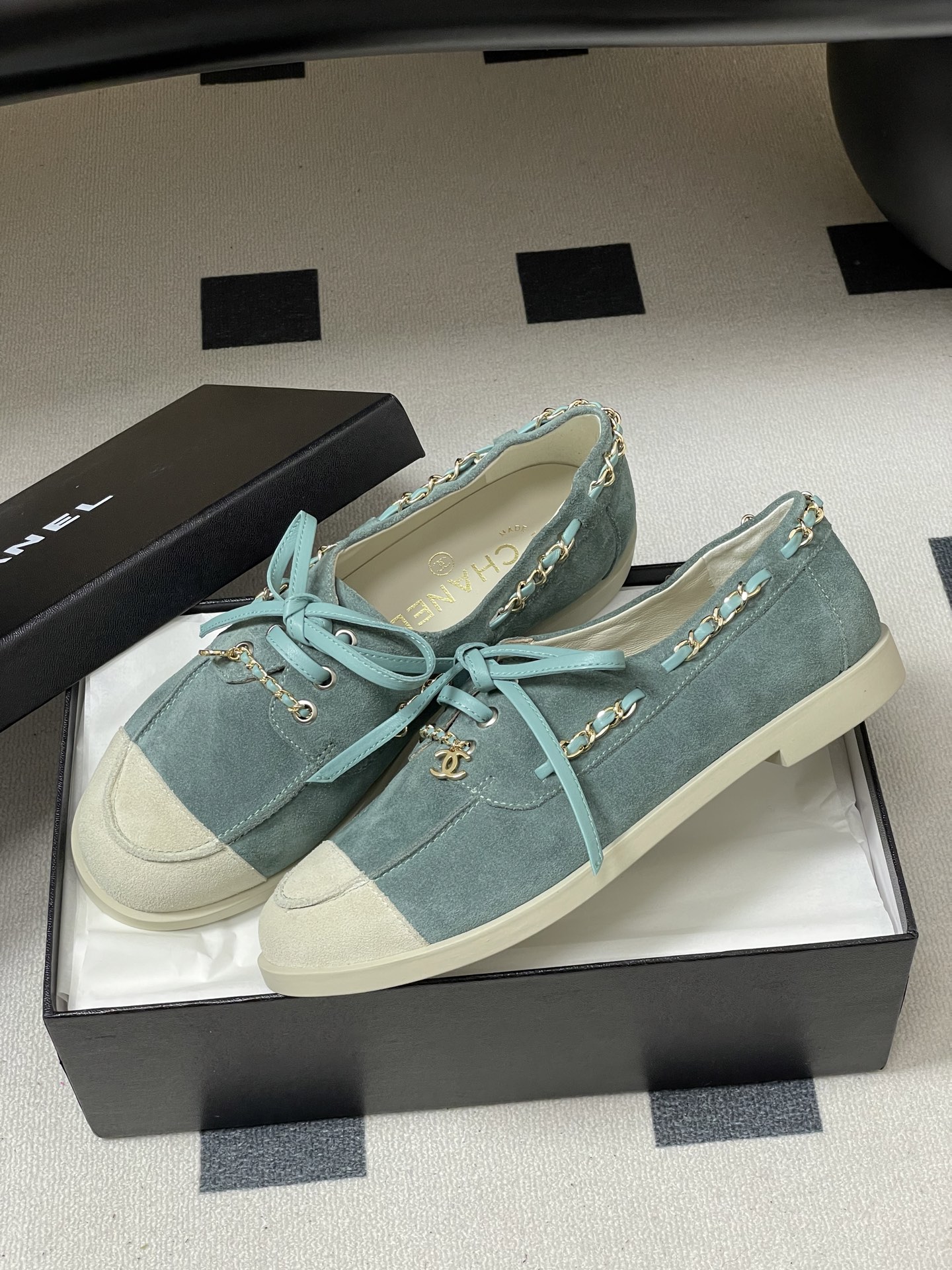 シャネル ローファー レディース メンズ 兼用 通勤 通学 シンプル ベージュ グリーン カーフレザー 36 - 画像 4