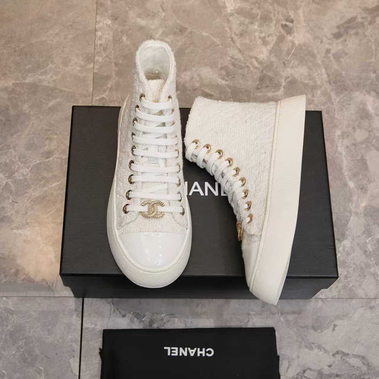 CHANEL チャンネル ハイカット スニーカー レディース メンズ 兼用 通勤 通学 白 ホワイト 丸洗いOK 2WAY 体型カバー ファッション 高級感 - 画像 4