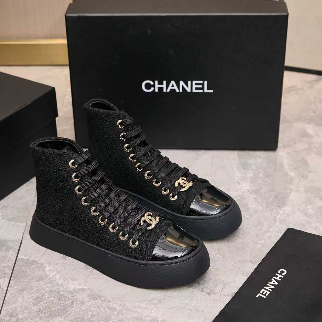 CHANEL シャネル ハイカットスニーカー レディース メンズ 兼用 軽量 大容量 黒 通勤 通学 2WAY プラットフォーム シンプル