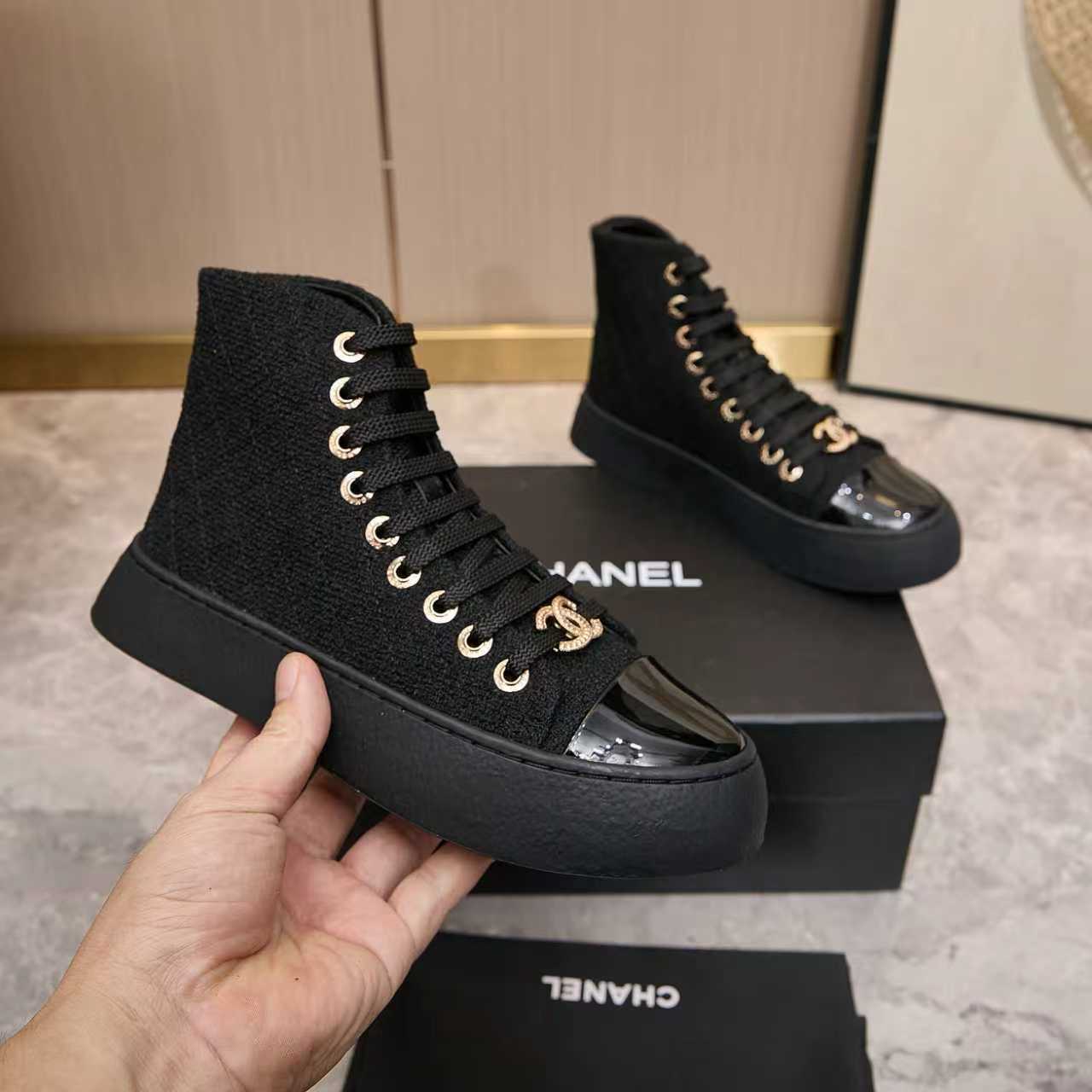 CHANEL シャネル ハイカットスニーカー レディース メンズ 兼用 軽量 大容量 黒 通勤 通学 2WAY プラットフォーム シンプル - 画像 2