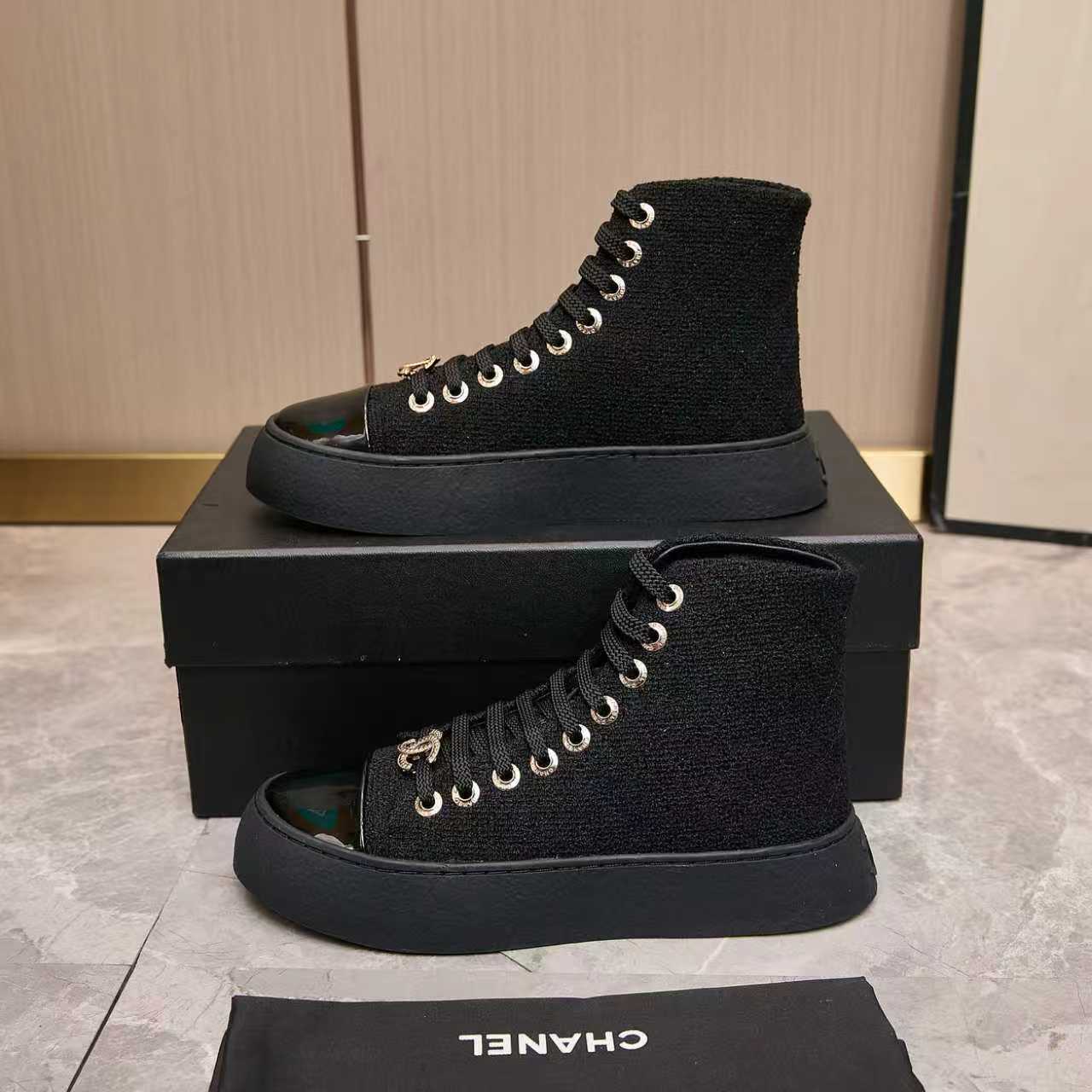 CHANEL シャネル ハイカットスニーカー レディース メンズ 兼用 軽量 大容量 黒 通勤 通学 2WAY プラットフォーム シンプル - 画像 3