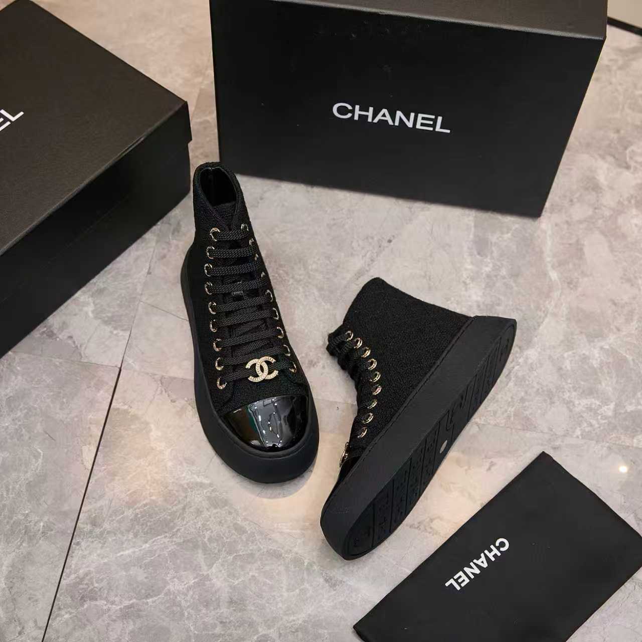 CHANEL シャネル ハイカットスニーカー レディース メンズ 兼用 軽量 大容量 黒 通勤 通学 2WAY プラットフォーム シンプル - 画像 4