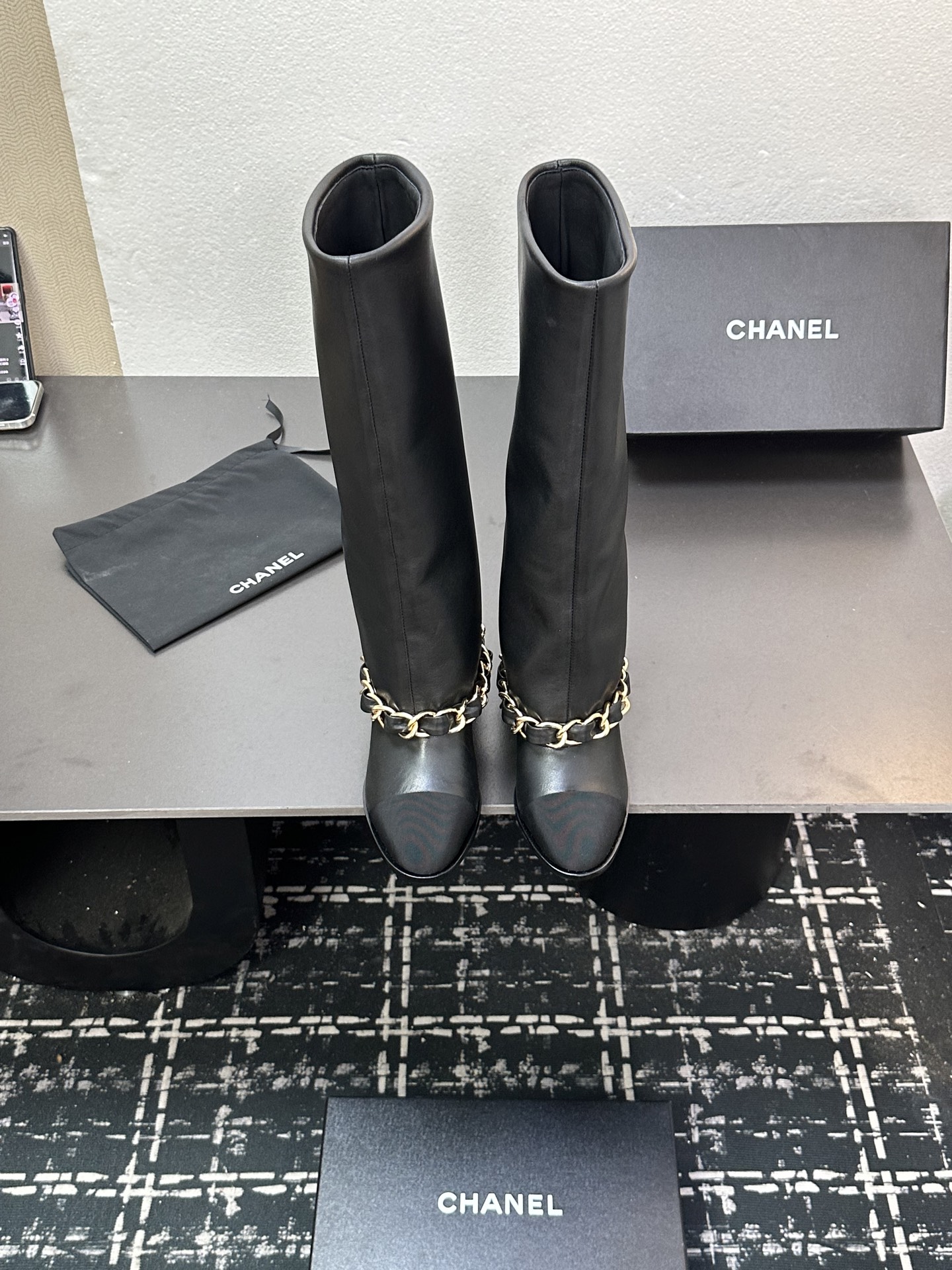 CHANEL シャネル ブーツ 本革 チェーン ブラック